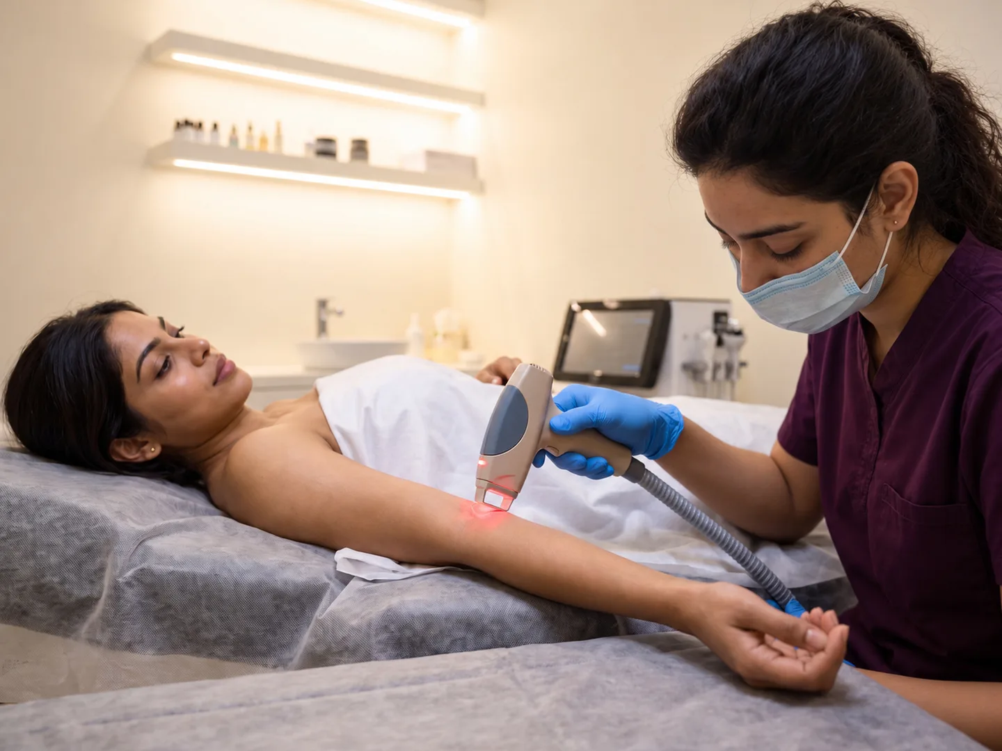 Female practitioner performing laser hair removal on a woman's arm — treatment illustration